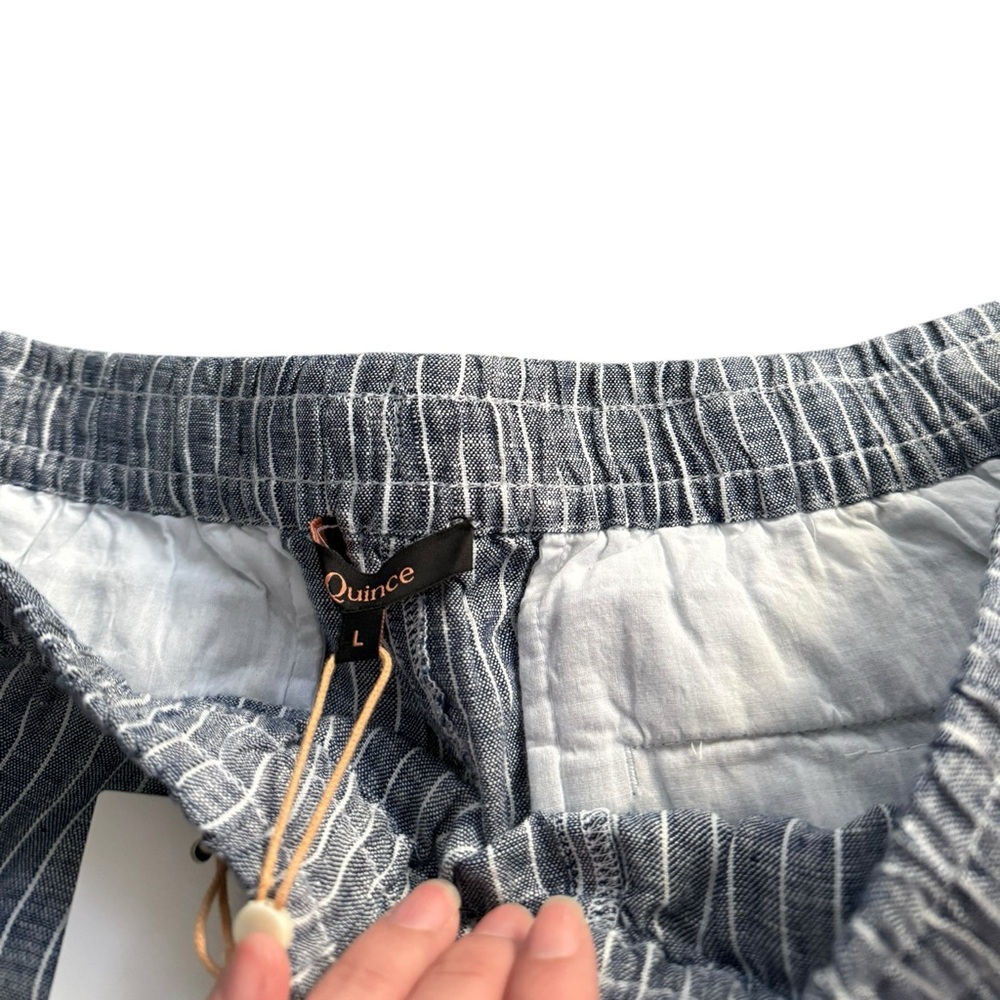Quince Women 100% European Linen Shorts Blue Pinstripes Tie Waist - Picture 7 of 10